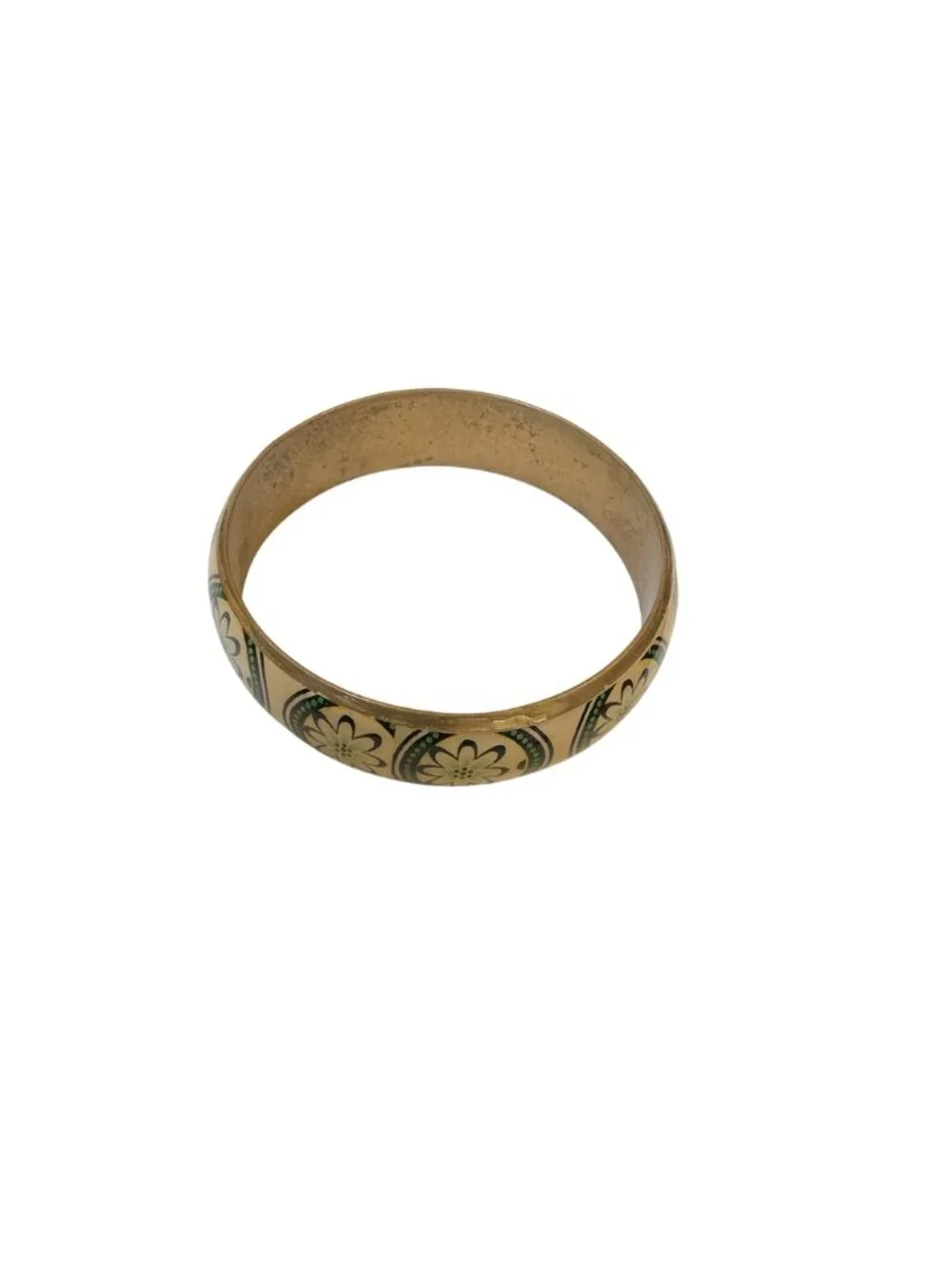 Vintage Brass Bangle Bracelet With Green Floral Design 2.62